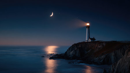 Lighthouse on a cliff on the sea coast casting serene reflection on the water. Moon in the night sky. Vacation trip and travel concept.の素材