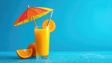 Glass of orange juice or cocktail drink with a straw, umbrella and a slice of citrus fruit on blue background with copy space.の素材