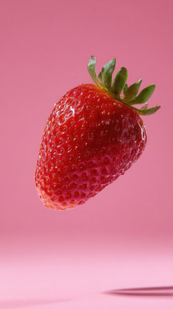 Ripe strawberry isolated on pink background. Single red berry. Fresh fruit vertical image.の素材
