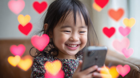 Little happy smiling cute asian girl looking at smartphone screen with colourful hearts floating around. Social media digital chat communication and notification icons concept.の素材