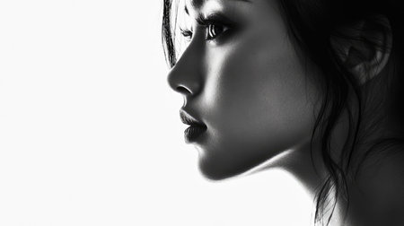 Black and white studio portrait of a young beautiful Asian woman on white background with copy space.の素材