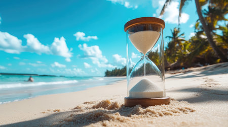 Hourglass on the tropical sandy beach with turquoise water and palm trees at the background.の素材