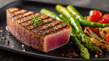 Grilled tuna steak with vegetables served on black plate. Freshly cooked delicious and healthy food for restaurant fish meal menu.の素材