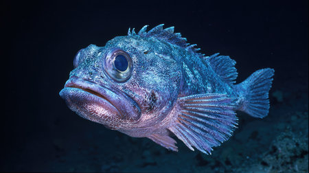 Deep sea blue fish swimming in dark water. Scary ocean bottom underwater life.の素材