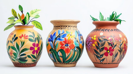 Ceramic clay vase jar with colourful floral ornament isolated on white background. Traditional ornamental pottery design.の素材