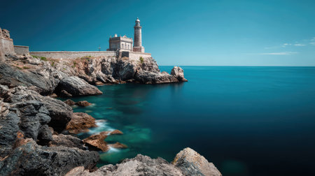 Old lighthouse on a cliff on the sea coast with turquoise water on a beautiful sunny summer day. Vacation trip and travel exotic destination concept.の素材