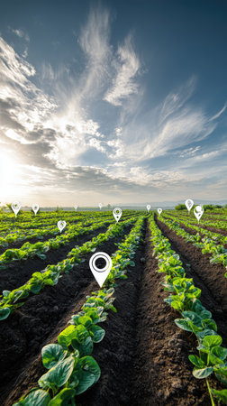 Agricultural land parcels in the green field with location markers, aerial view. Smart farming navigation technology concept.の素材