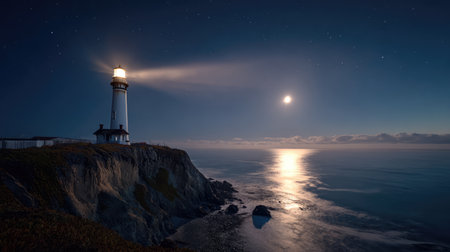 Lighthouse on a cliff on the sea coast casting serene reflection on the water. Moon in the night sky. Vacation trip and travel concept.の素材