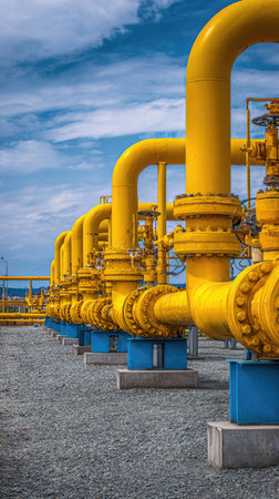 Yellow gas pipeline and valves against blue sky. Modern oil and gas industrial technology. Industry infrastructure.の素材