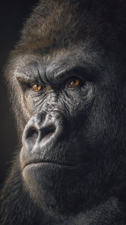 Gloomy serious looking gorilla monkey on black background. African wildlife concept.の素材