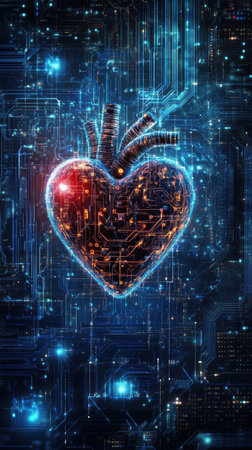 Red digital heart in cyberspace. Virtual reality, programming and information technology of the future. Artificial intelligence, code data and cybersecurity. St. Valentine's Day love concept.の素材