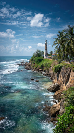 Lighthouse on a cliff on the tropical sea coast with palm trees and turquoise water on a beautiful sunny summer day. Vacation trip and travel exotic destination concept.の素材