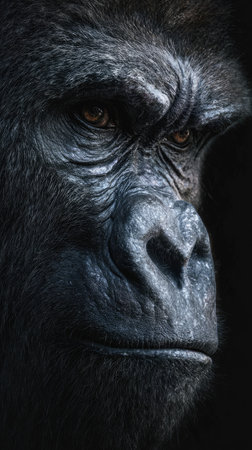 Gloomy serious looking gorilla monkey on black background. African wildlife concept.の素材