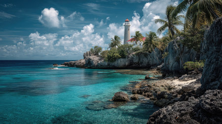 Lighthouse on a cliff on the tropical sea coast with palm trees and turquoise water on a beautiful sunny summer day. Vacation trip and travel exotic destination concept.の素材