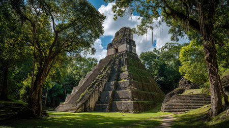 Ancient Mayan pyramid in the green jungle. Ruins of an old temple. Aztecan civilization heritage, stone monument of the past.の素材