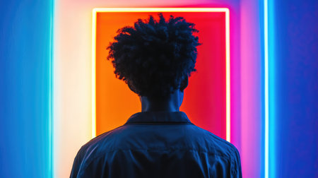 Back view of a man standing in front of a glowing neon frame portal door. Urban nightlife concept.の素材