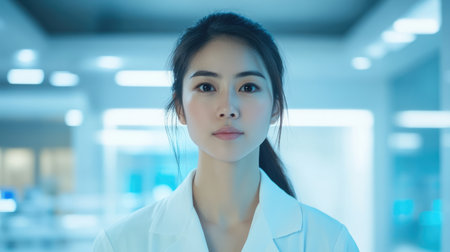 Female doctor wearing white lab coat in hospital. Young beautiful Asian medical professional nurse at work. Healthcare and medicine concept.の素材