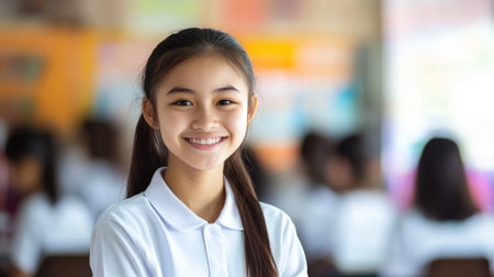Pretty smiling Asian schoolgirl teenager wearing uniform in classroom looking into camera. Back to school concept.の素材