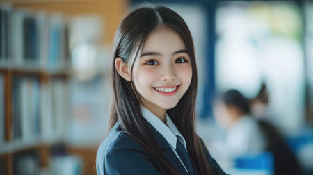 Pretty Asian teenage schoolgirl wearing uniform in classroom looking into camera. Back to school concept.の素材