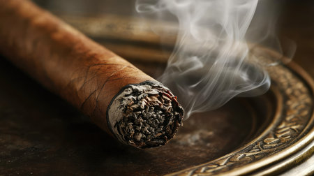 Close-up of expensive smoking Cuban cigar in a bronze ashtray. Luxury lifestyle concept.の素材