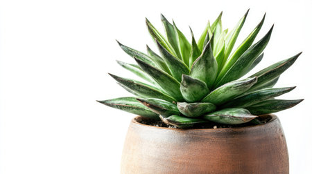 Green indoor plant in black ceramic pot. Decorative houseplant isolated on white background. Gardening ideas concept.の素材