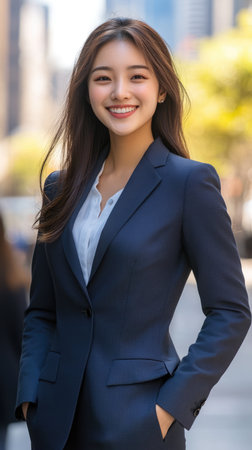 Young beautiful smiling model looking Asian businesswoman in blue suit in the street of a big city. Urban luxury business fashion concept.の素材