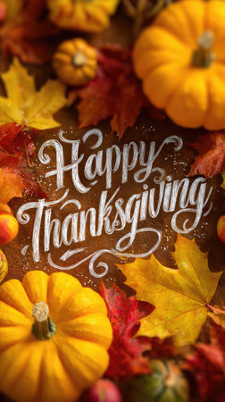 Happy Thanksgiving text on wooden background with pumpkins, cones and yellow and red autumn maple leaves. Autumn harvest background.の素材