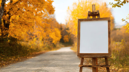 Blank wooden painting easel stand outdoors on the road with beautiful autumn yellow foliage scenery.の素材