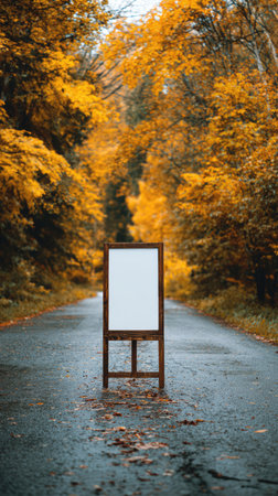 Blank wooden painting easel stand outdoors by the road with beautiful autumn yellow leaves scenery.の素材