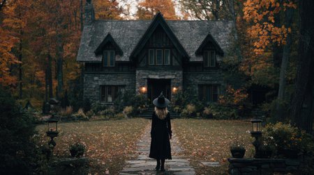Witch standing in front of haunted house in the autumn forest. Halloween scary scene.の素材