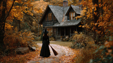 Witch with a broom standing in front of haunted house in yellow autumn forest. Halloween scary scene.の素材