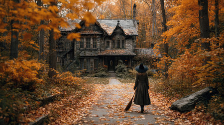 Witch with a broom standing in front of haunted house in yellow autumn forest. Halloween scary scene.の素材