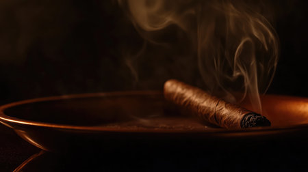 Expensive smoking Cuban cigar in a bronze ashtray. Luxury lifestyle concept.の素材