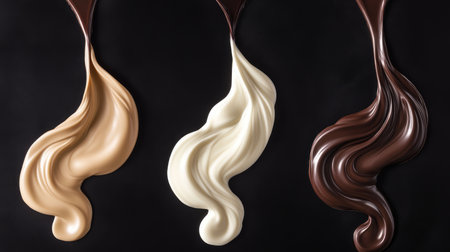 Close-up of melted swirls of sweet dessert for advertisement. Pouring delicious dark, milk and white chocolate.の素材