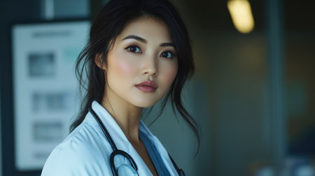 Young beautiful Asian female nurse wearing white lab coat and a stethoscope in hospital. Medical professional nurse at work. Healthcare and medicine concept.の素材