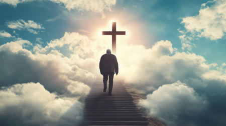 Old man walking up the stairs among clouds in the sky to the shining cross symbolizing heaven or Christian paradise. Life end and time passing concept.の素材