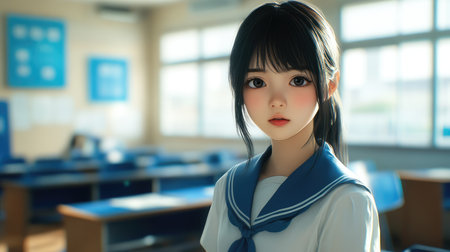 Anime style illustration of a beautiful Asian schoolgirl wearing uniform in classroom looking into camera. Back to school concept.の素材
