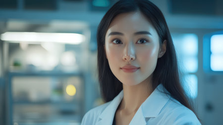 Young beautiful Asian female doctor wearing white lab coat in hospital. Medical professional nurse at work. Healthcare and medicine concept.の素材