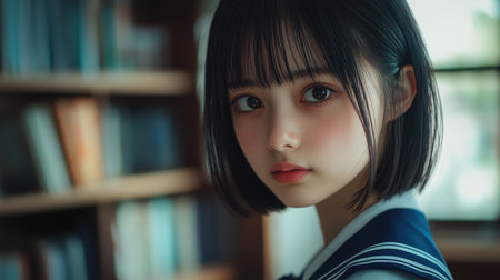 Beautiful Asian teenager schoolgirl wearing uniform in classroom looking into camera. Back to school concept.の素材