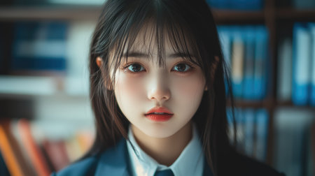 Pretty Asian teenage schoolgirl wearing uniform in classroom looking into camera. Back to school concept.の素材