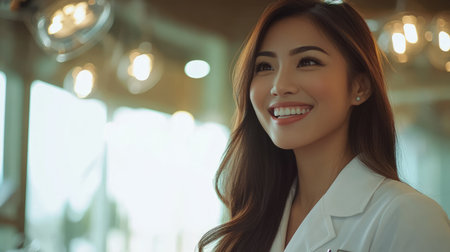 Young beautiful smiling Asian female doctor wearing white lab coat in hospital. Medical professional nurse at work. Healthcare and medicine concept.の素材