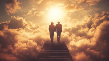 Old couple walking up the stairs among clouds in the sky to the shining light symbolizing heaven or Christian paradise. Life end and time passing concept.の素材