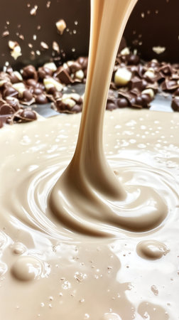 Hot white chocolate poured. Close-up of melted sweet dessert splashes for advertisement.の素材