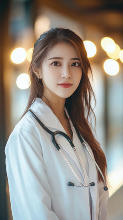 Female doctor wearing white lab coat in hospital. Young beautiful Asian medical professional nurse at work. Healthcare and medicine concept.の素材