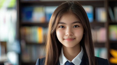 Pretty smiling Asian schoolgirl teenager wearing uniform in classroom looking into camera. Back to school concept.の素材