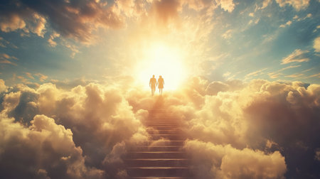 Old couple walking up the stairs among clouds in the sky to the shining light symbolizing heaven or Christian paradise. Life end and time passing concept.の素材