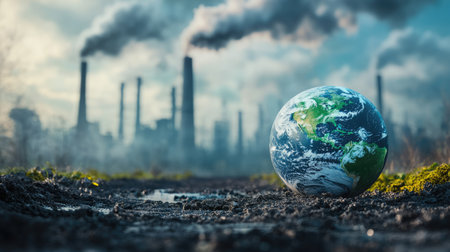 Earth globe on the polluted ground with factory smokestacks at the background. Environmental pollution ecology concept.の素材