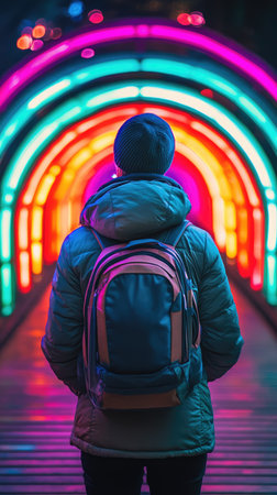 Back view of a man with a backpack standing in front of a glowing neon frame portal door. Urban nightlife concept.の素材