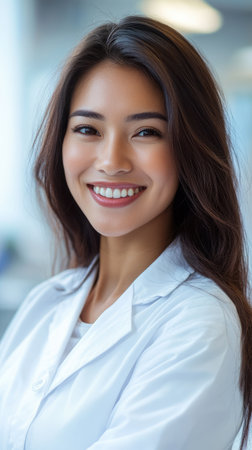 Beautiful young smiling Asian female doctor wearing white lab coat in hospital. Medical professional nurse at work. Healthcare and medicine concept.の素材