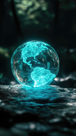 Transparent fragile glass earth globe with tree reflection on a stone in forest. Environment ecology issues, save the world concept.の素材